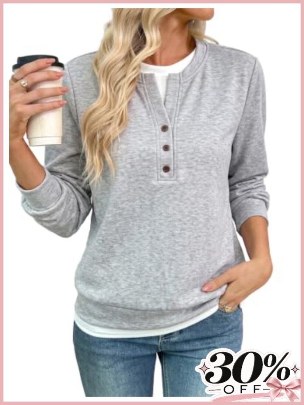 Womens Crewneck Sweatshirt Henley Long Sleeve Button Placket Casual Top